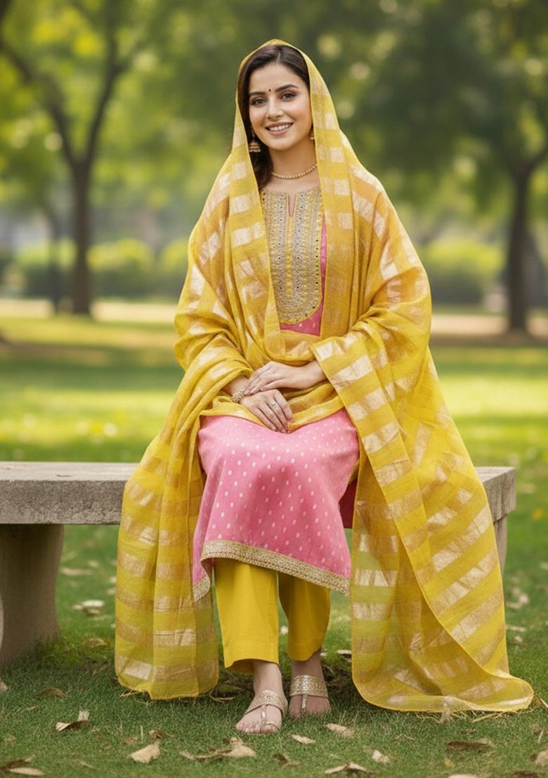 Pink Embroidered Shimmer Kurta Set - Indya