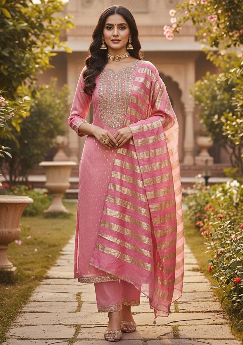 Pink Embroidered Shimmer Kurta Set - Indya