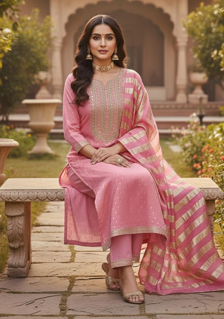 Pink Embroidered Shimmer Kurta Set - Indya