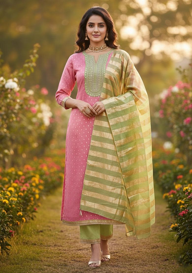 Pink Embroidered Shimmer Kurta Set - Indya