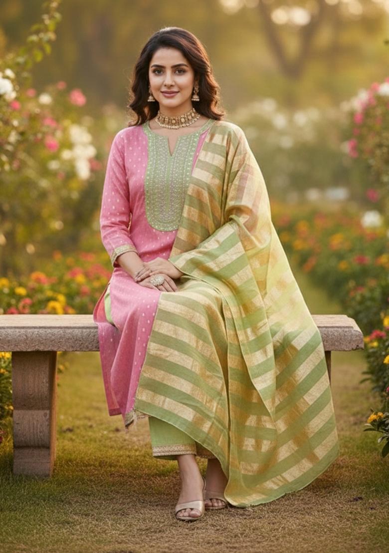 Pink Embroidered Shimmer Kurta Set - Indya