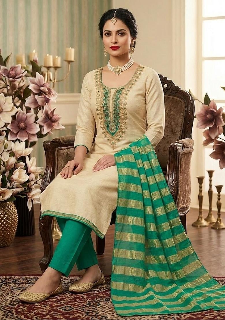 Beige Embroidered Cotton Kurta Set - Indya