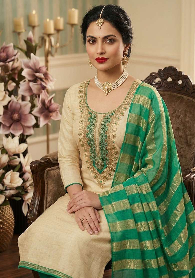 Beige Embroidered Cotton Kurta Set - Indya