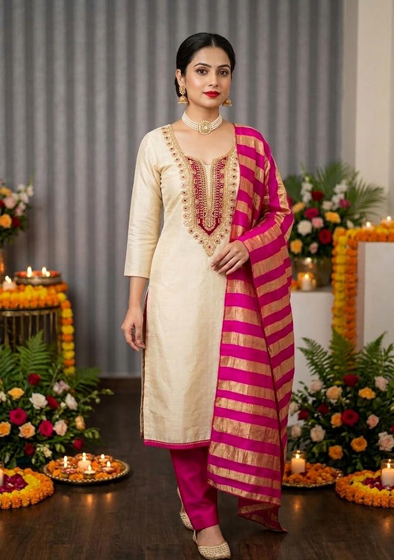 Beige Embroidered Cotton Kurta Set - Indya