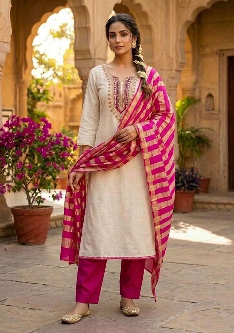 Beige Embroidered Cotton Kurta Set - Indya