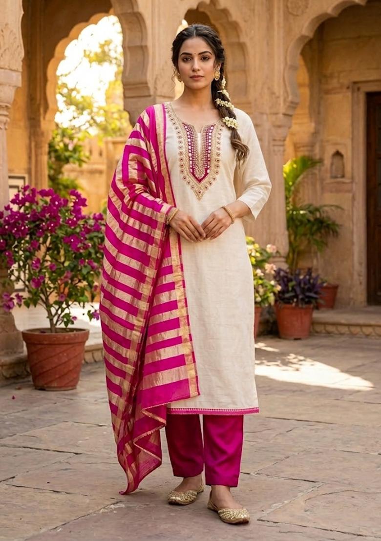 Beige Embroidered Cotton Kurta Set - Indya