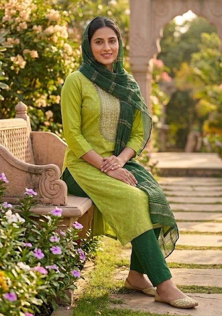 Light Green Embroidered Shimmer Kurta Set - Indya