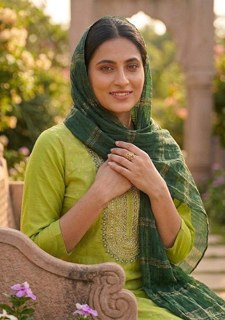 Light Green Embroidered Shimmer Kurta Set - Indya