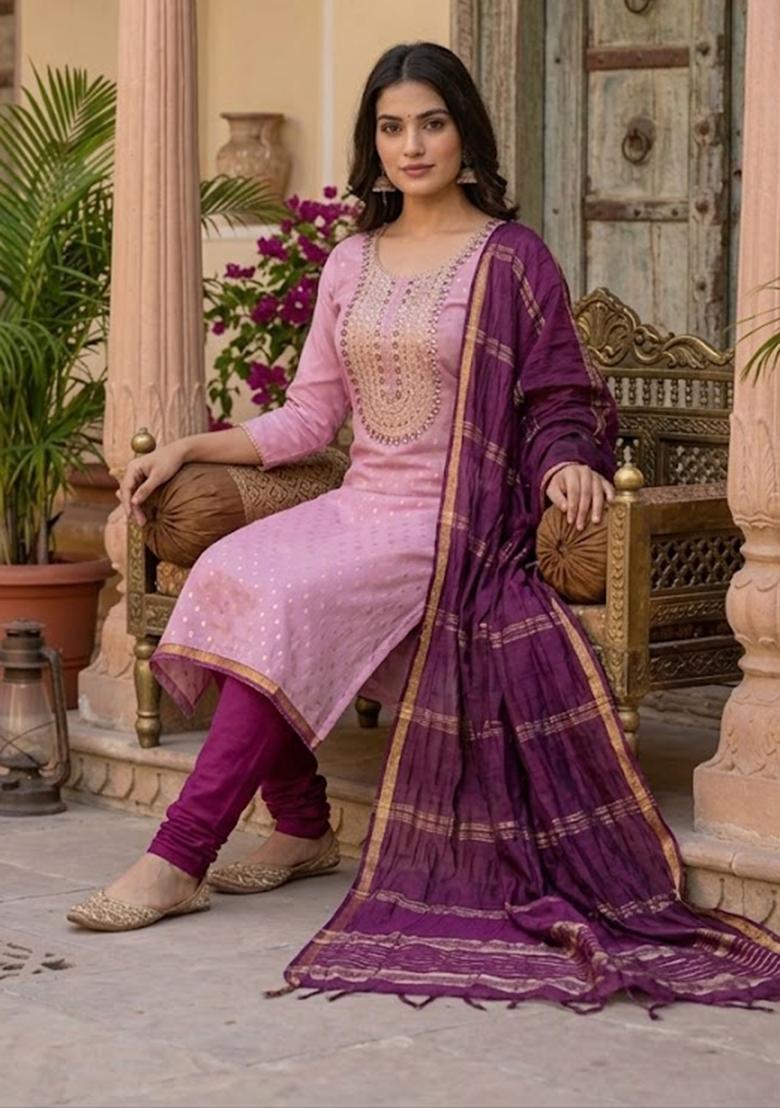Lavender Embroidered Shimmer Kurta Set - Indya