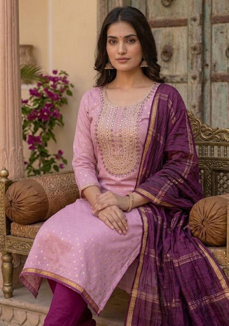 Lavender Embroidered Shimmer Kurta Set - Indya