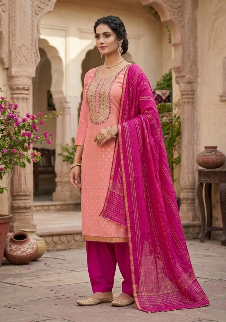 Pink Embroidered Shimmer Kurta Set - Indya