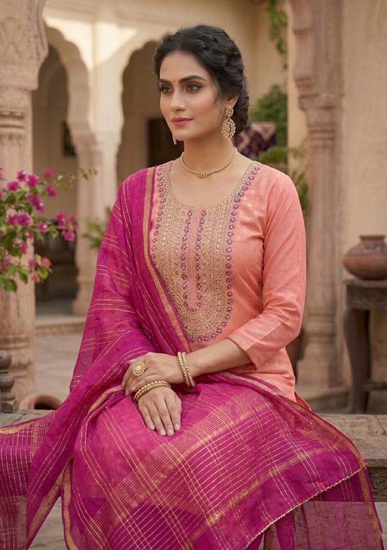 Pink Embroidered Shimmer Kurta Set - Indya