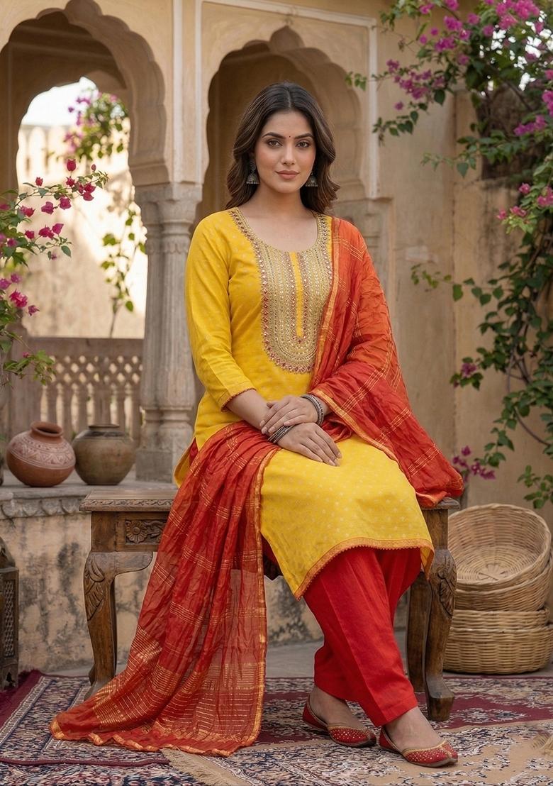 Yellow Embroidered Shimmer Kurta Set - Indya