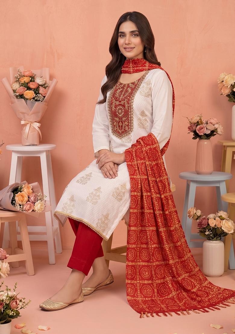 White Embroidered Rayon Kurta Set - Indya