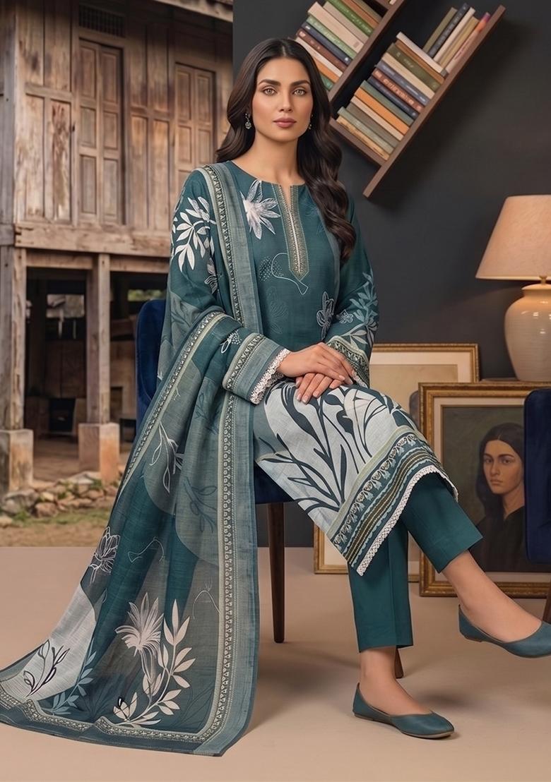 Sea Green Printed Cotton Kurta Set - Indya