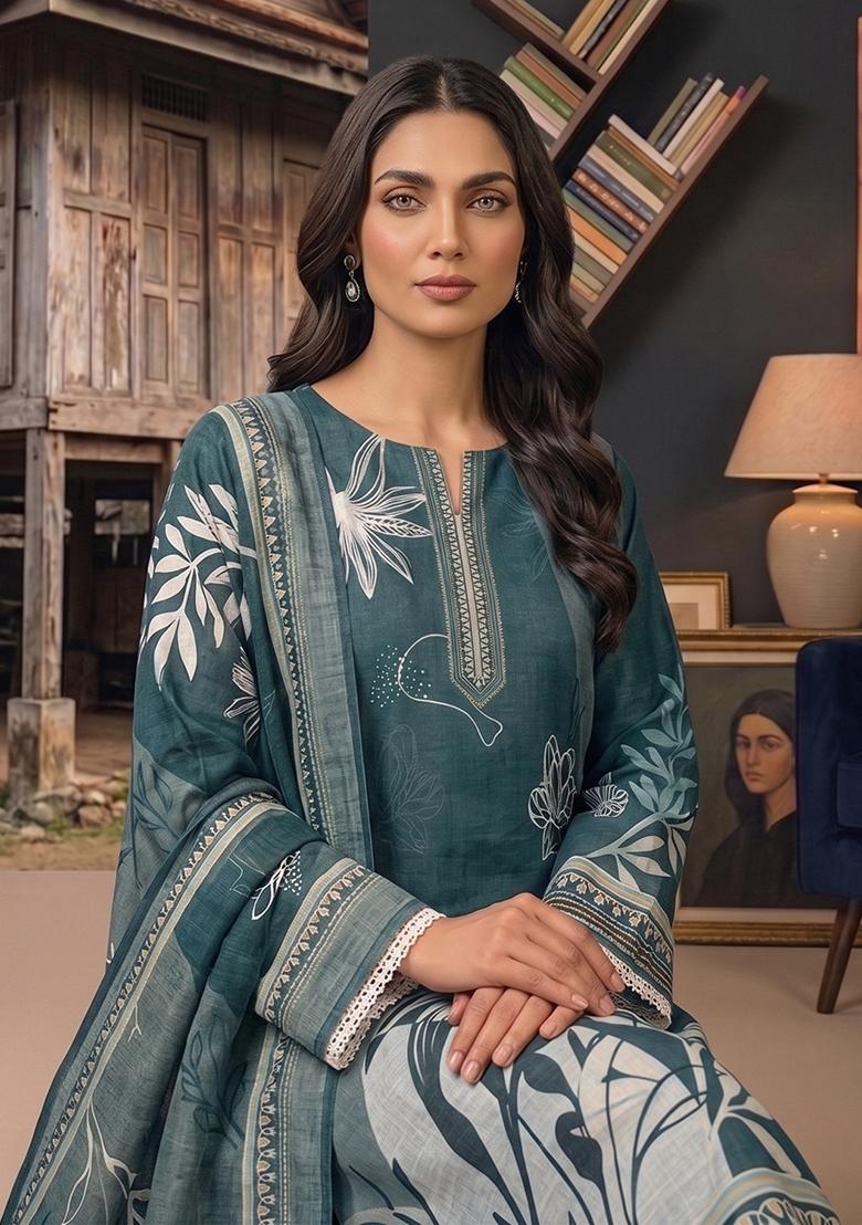 Sea Green Printed Cotton Kurta Set - Indya