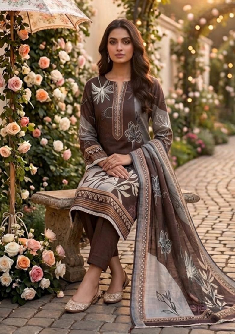 Brown Printed Cotton Kurta Set - Indya