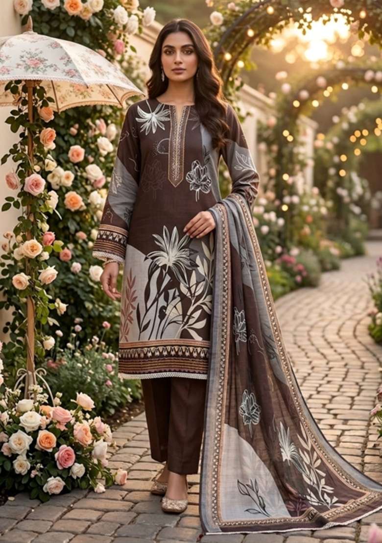 Brown Printed Cotton Kurta Set - Indya