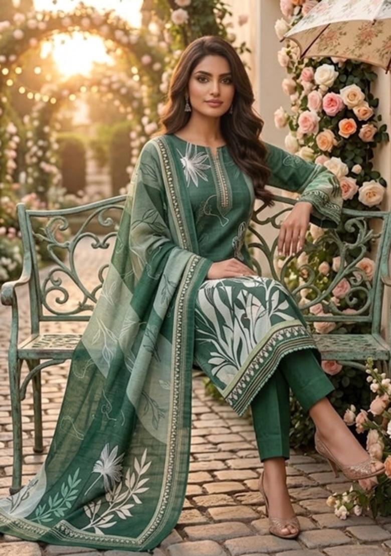 Green Printed Cotton Kurta Set - Indya