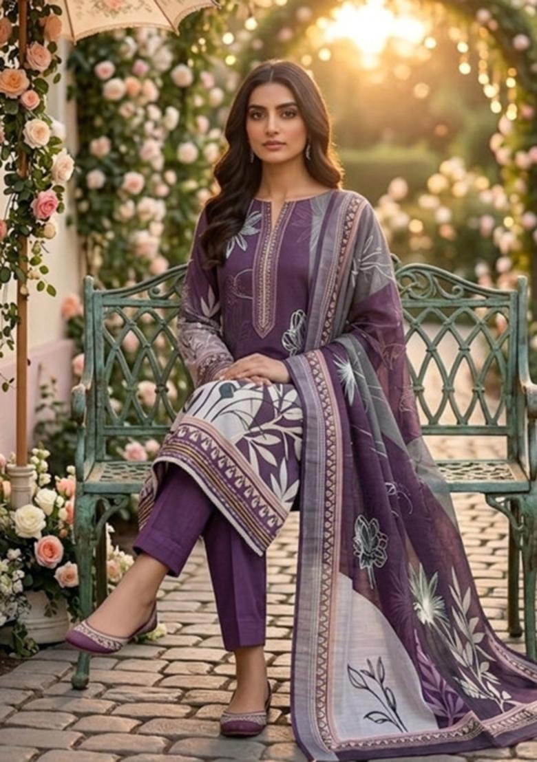 Purple Printed Cotton Kurta Set - Indya
