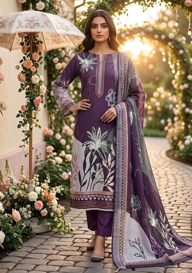 Purple Printed Cotton Kurta Set - Indya