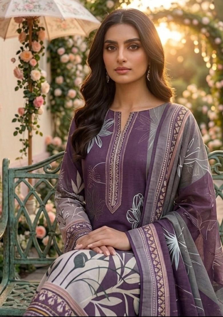 Purple Printed Cotton Kurta Set - Indya