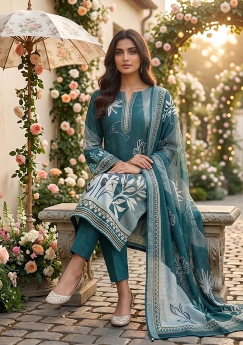Sea Green Printed Cotton Kurta Set - Indya
