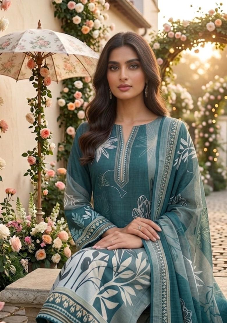 Sea Green Printed Cotton Kurta Set - Indya