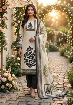 Beige Printed Cotton Kurta Set