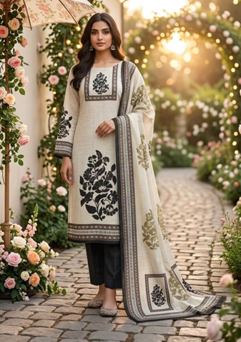 Beige Printed Cotton Kurta Set - Indya