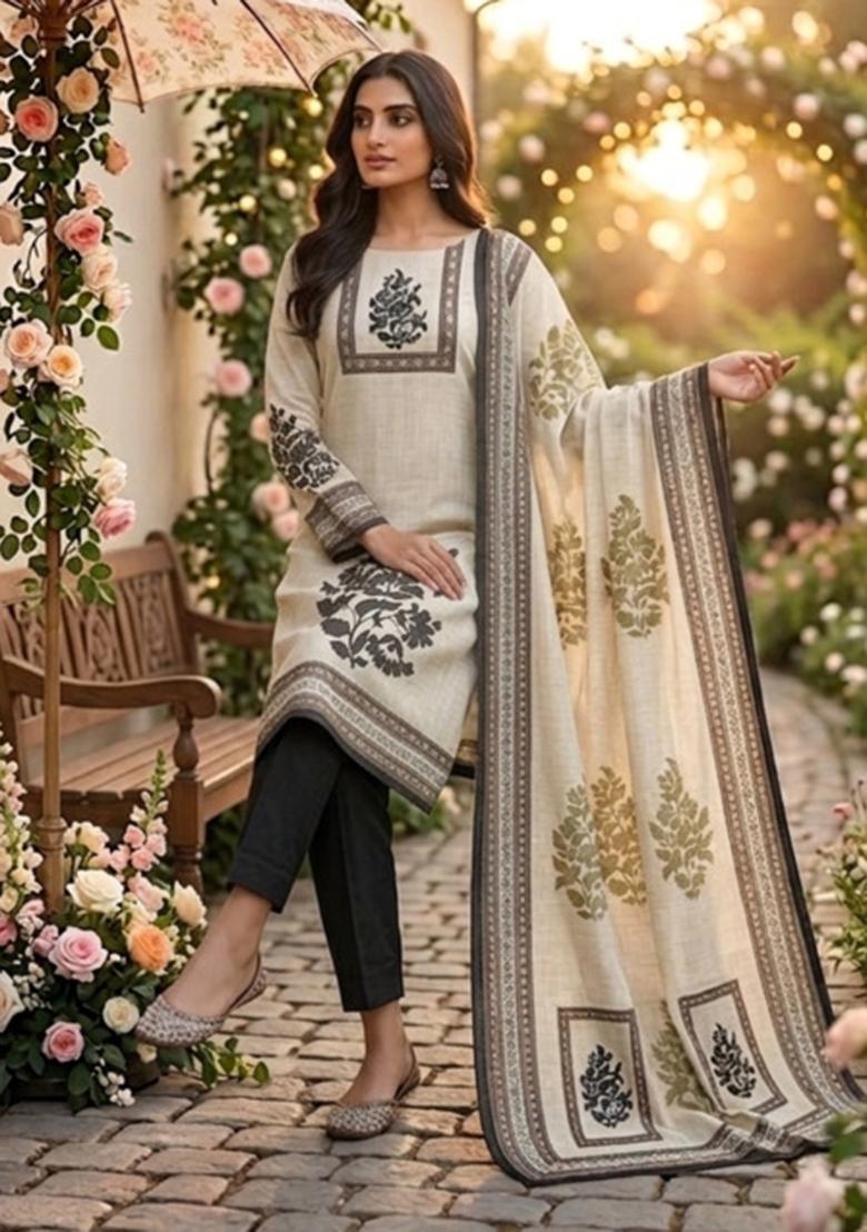 Beige Printed Cotton Kurta Set - Indya