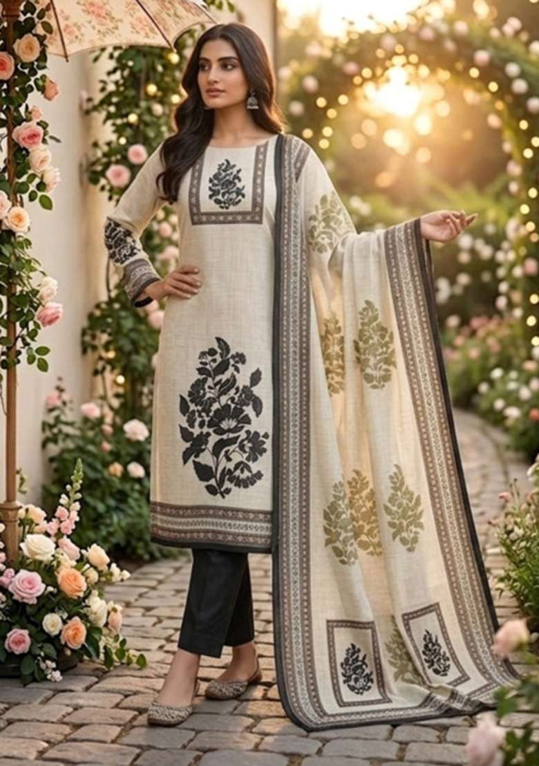 Beige Printed Cotton Kurta Set - Indya