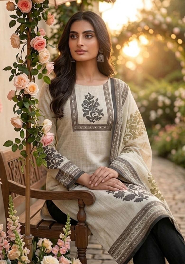 Beige Printed Cotton Kurta Set - Indya