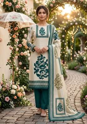 Beige Printed Cotton Kurta Set