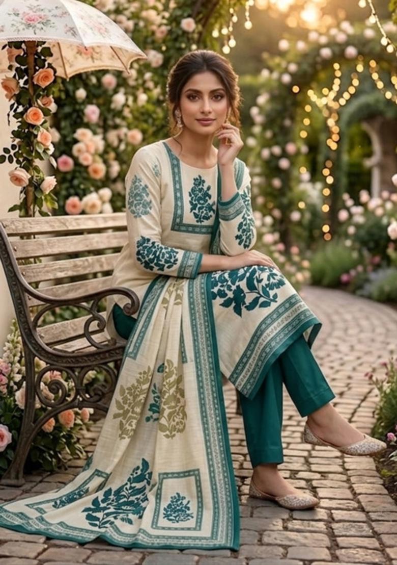 Beige Printed Cotton Kurta Set - Indya