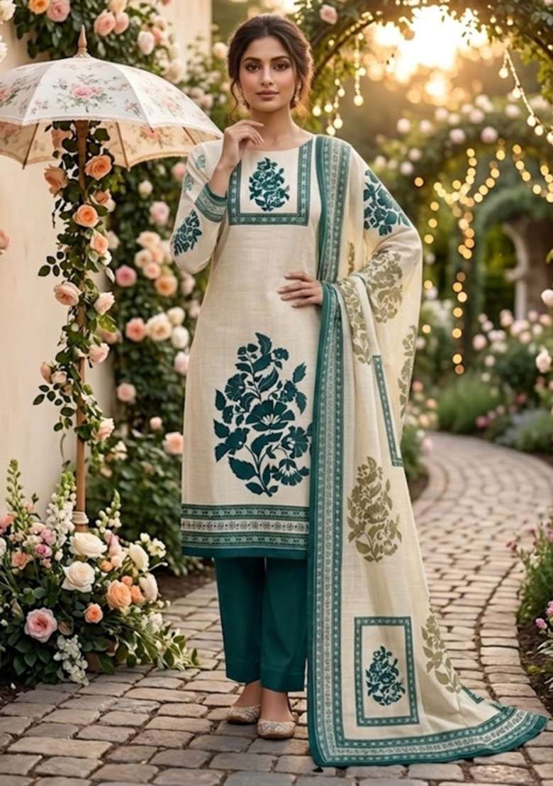Beige Printed Cotton Kurta Set - Indya