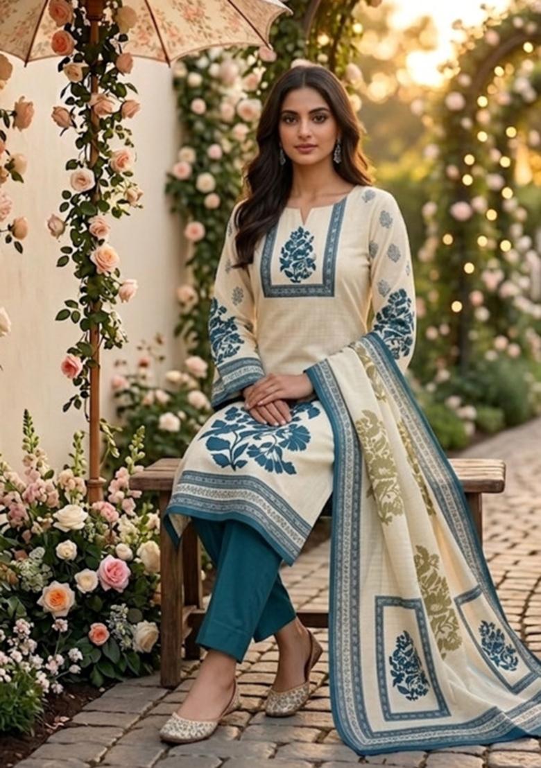Beige Printed Cotton Kurta Set - Indya