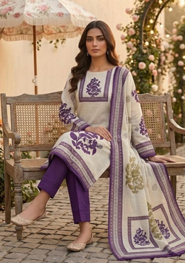 Beige Printed Cotton Kurta Set - Indya