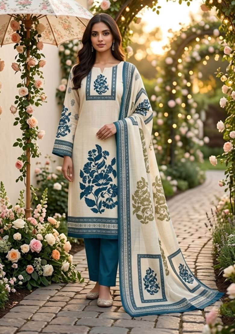 Beige Printed Cotton Kurta Set - Indya