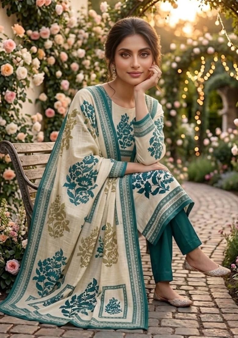 Beige Printed Cotton Kurta Set - Indya