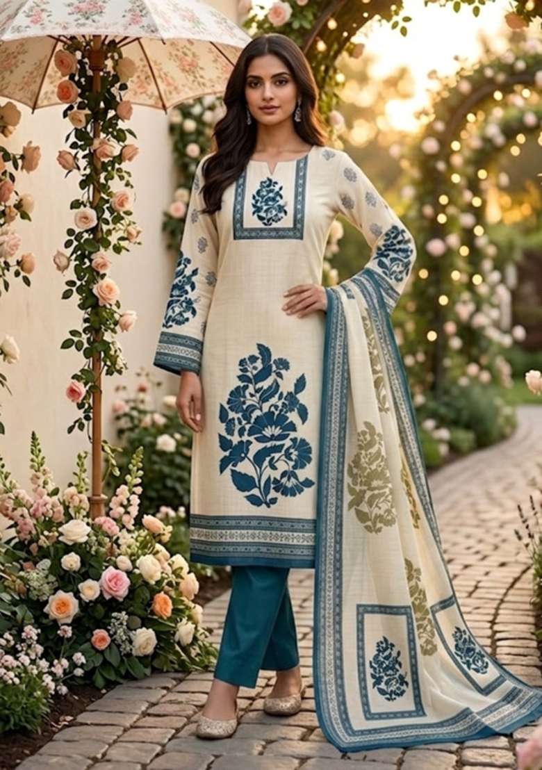 Beige Printed Cotton Kurta Set - Indya