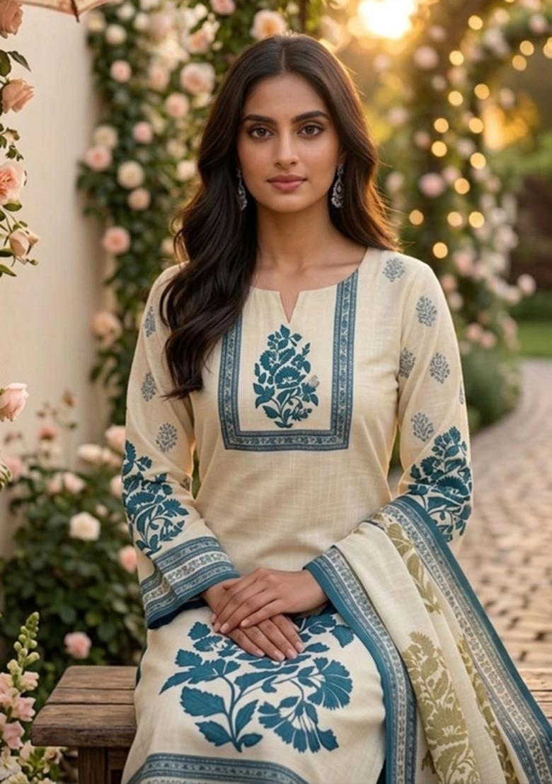 Beige Printed Cotton Kurta Set - Indya
