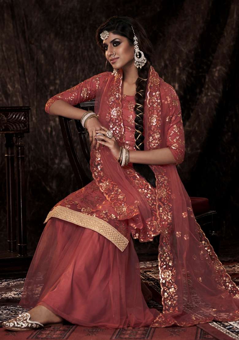 Rust Embroidered Net Kurta Set - Indya