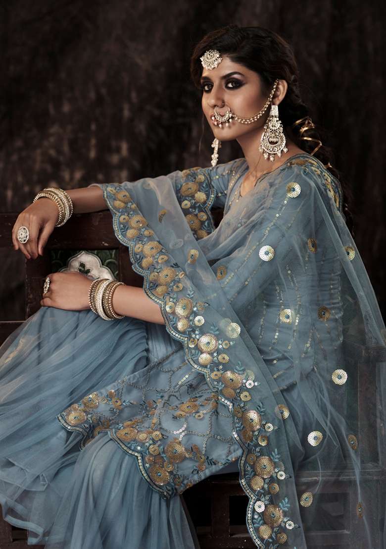 Grey Embroidered Net Kurta Set - Indya