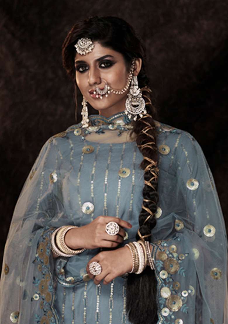 Grey Embroidered Net Kurta Set - Indya