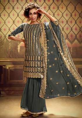 Grey Embroidered Net Kurta Set
