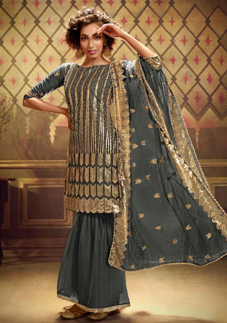Grey Embroidered Net Kurta Set - Indya