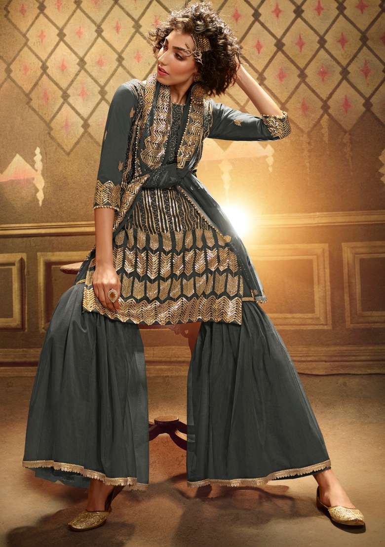 Grey Embroidered Net Kurta Set - Indya