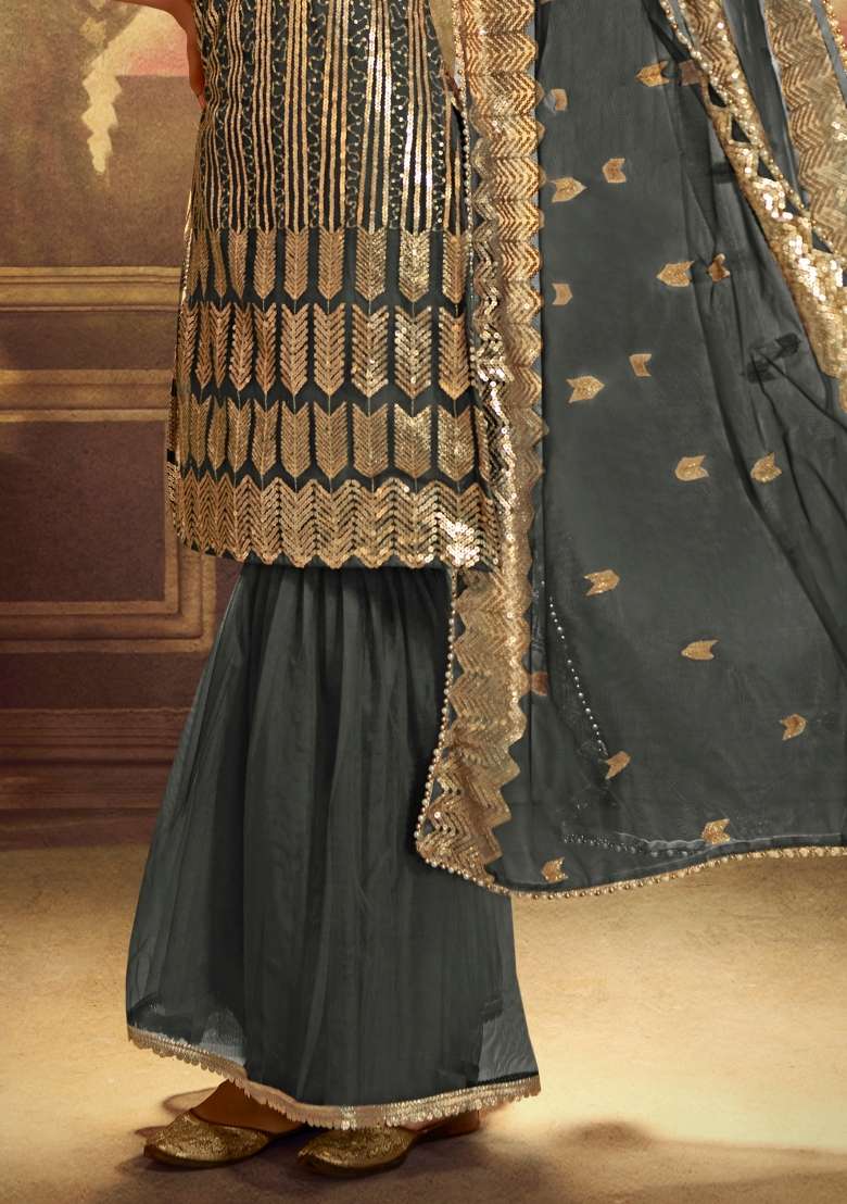 Grey Embroidered Net Kurta Set - Indya
