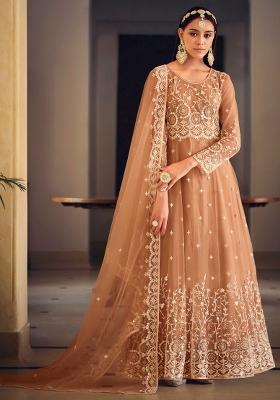 Light Brown Embroidered Net Kurta Set
